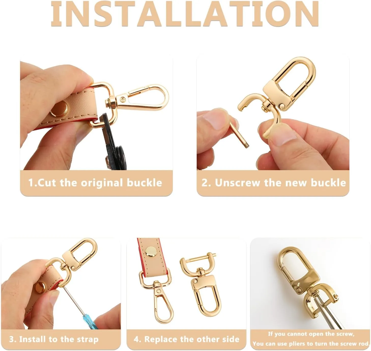 4pcs Detachable Snap Hook Swivel Clasp with 4pcs D-Rings Screw in Shackle for DIY Purse Strap Replacement (Gold,3/4 inch)