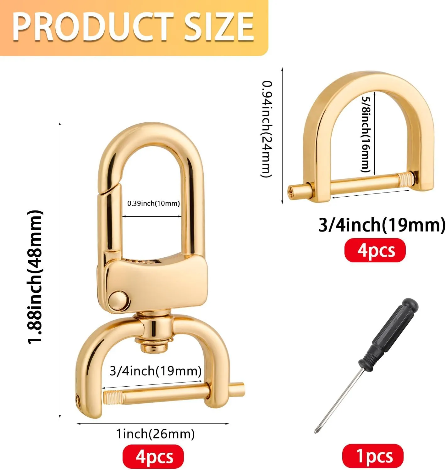 4pcs Detachable Snap Hook Swivel Clasp with 4pcs D-Rings Screw in Shackle for DIY Purse Strap Replacement (Gold,3/4 inch)