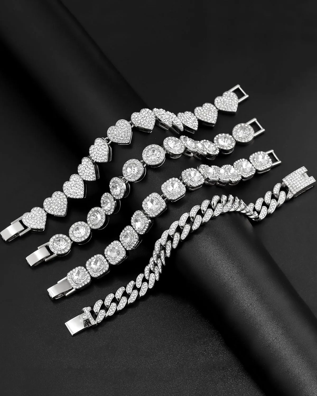 4PCS Gold Bracelets for Women Silver Clustered Tennis Bracelet for Women Heart Round Diamond Cuban Bracelet Layered Link Bracelet Set Fashion Jewelry for Women Set