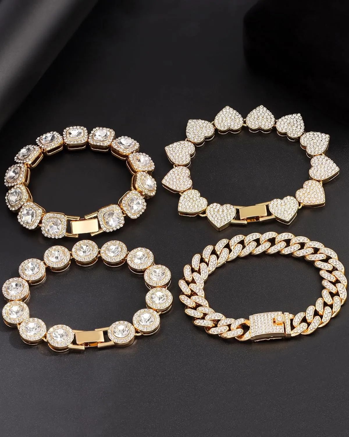4PCS Gold Bracelets for Women Silver Clustered Tennis Bracelet for Women Heart Round Diamond Cuban Bracelet Layered Link Bracelet Set Fashion Jewelry for Women Set