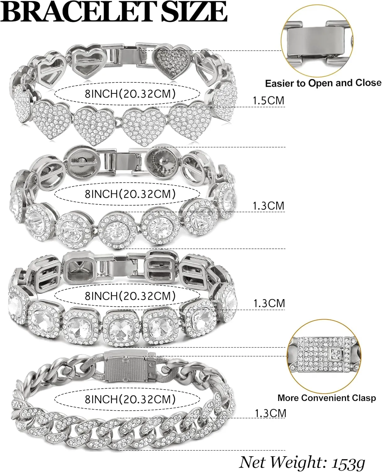 4PCS Gold Bracelets for Women Silver Clustered Tennis Bracelet for Women Heart Round Diamond Cuban Bracelet Layered Link Bracelet Set Fashion Jewelry for Women Set