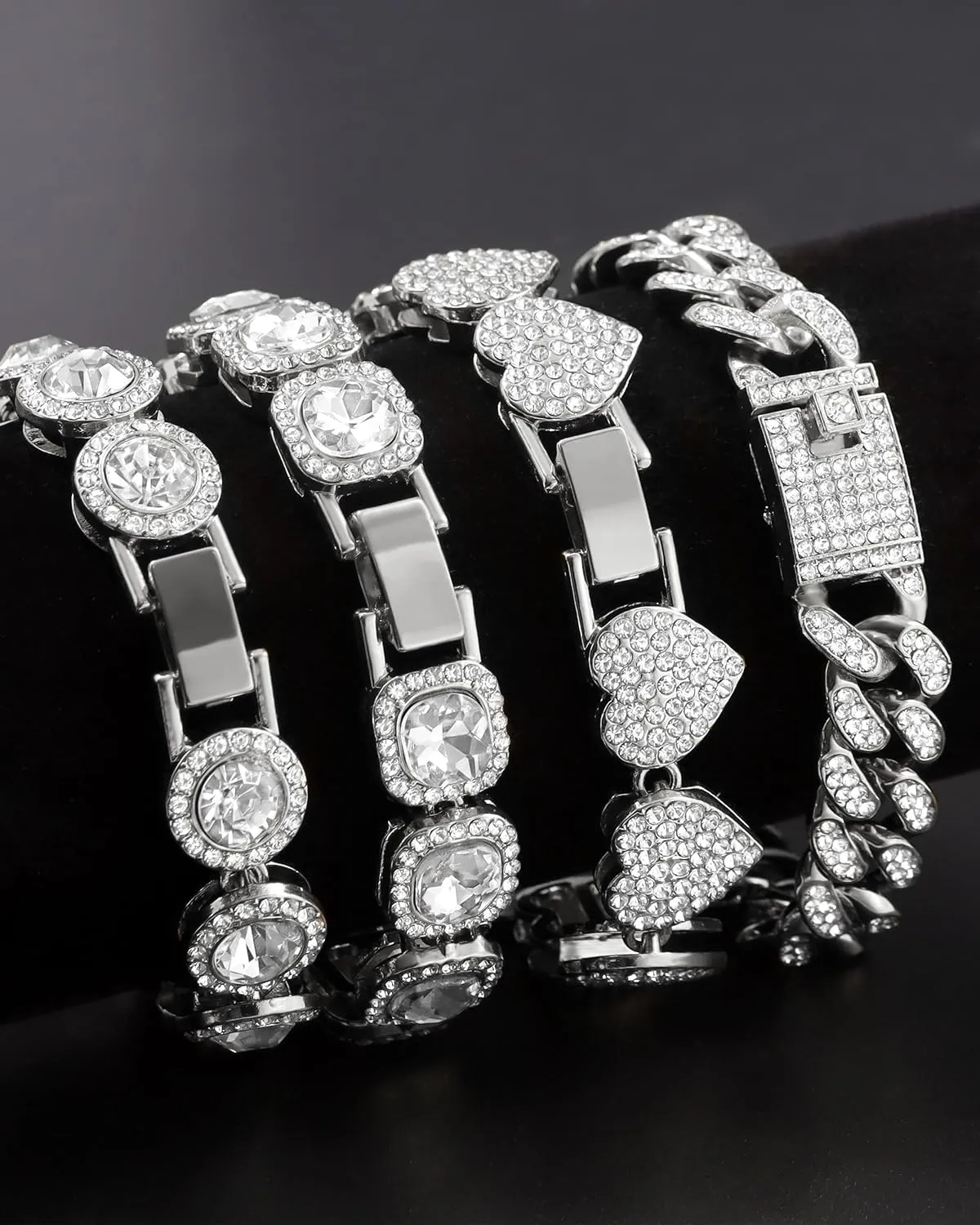 4PCS Gold Bracelets for Women Silver Clustered Tennis Bracelet for Women Heart Round Diamond Cuban Bracelet Layered Link Bracelet Set Fashion Jewelry for Women Set