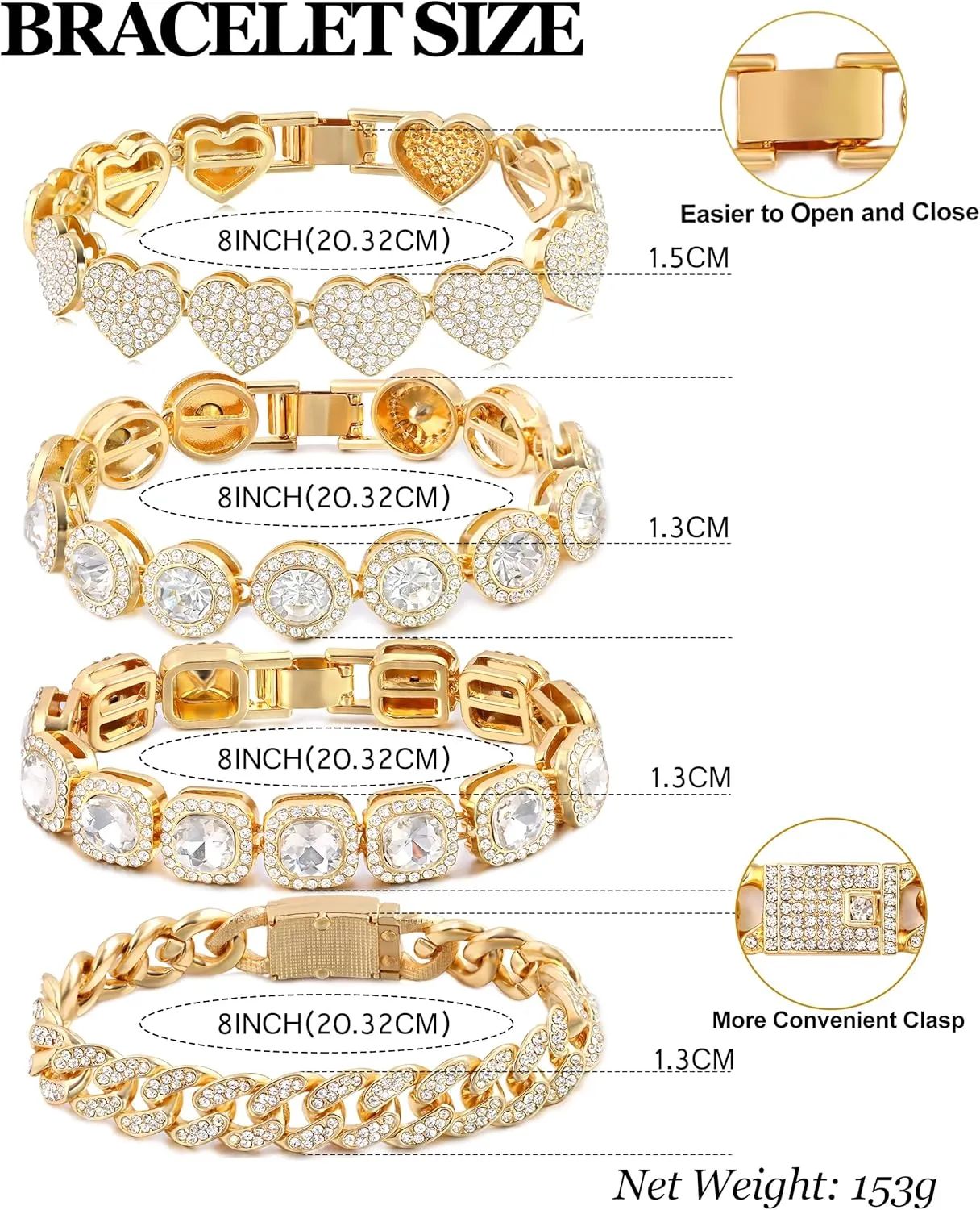 4PCS Gold Bracelets for Women Silver Clustered Tennis Bracelet for Women Heart Round Diamond Cuban Bracelet Layered Link Bracelet Set Fashion Jewelry for Women Set