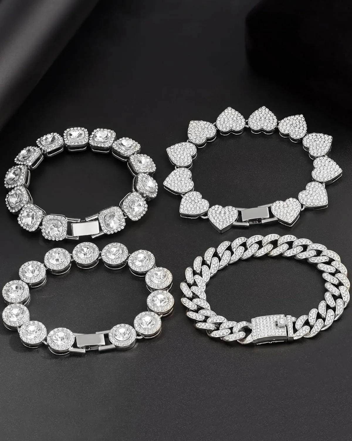 4PCS Gold Bracelets for Women Silver Clustered Tennis Bracelet for Women Heart Round Diamond Cuban Bracelet Layered Link Bracelet Set Fashion Jewelry for Women Set