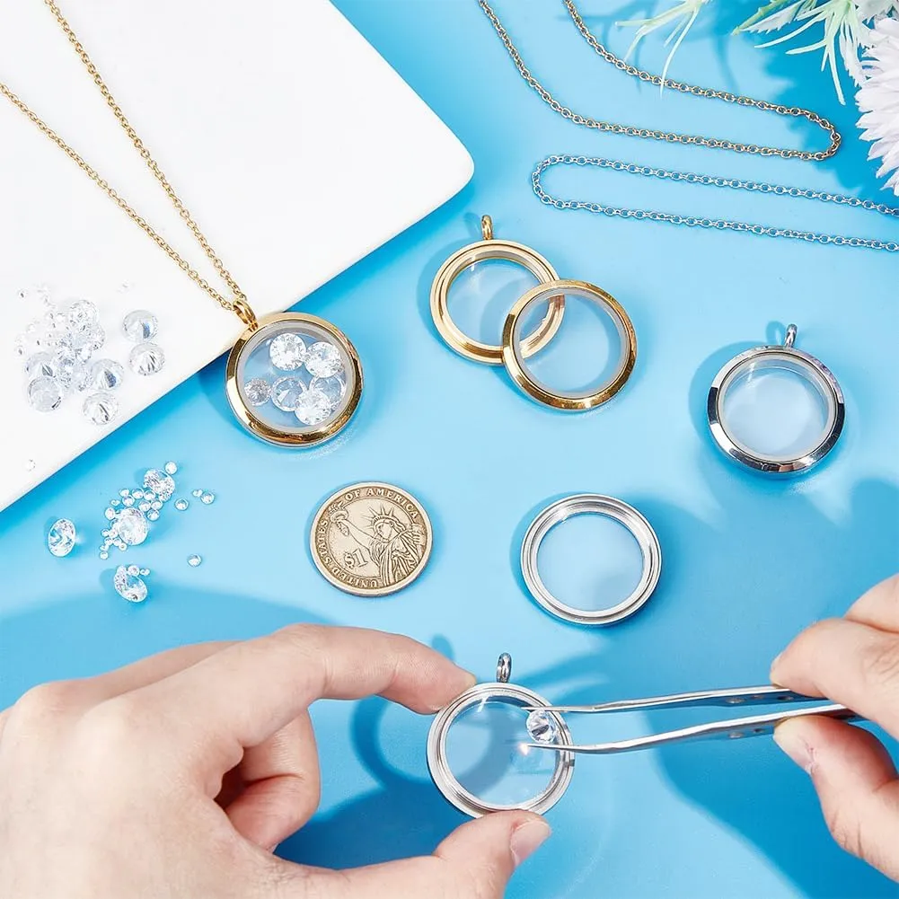 4pcs Photo Locket Charms Necklace Round Stainless Steel Locket Pendants Crystal Double-Sided Picture Frame Memory Locket Charm with 17.7inch Chain for Wedding Jewellery Making Photo