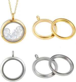 4pcs Photo Locket Charms Necklace Round Stainless Steel Locket Pendants Crystal Double-Sided Picture Frame Memory Locket Charm with 17.7inch Chain for Wedding Jewellery Making Photo