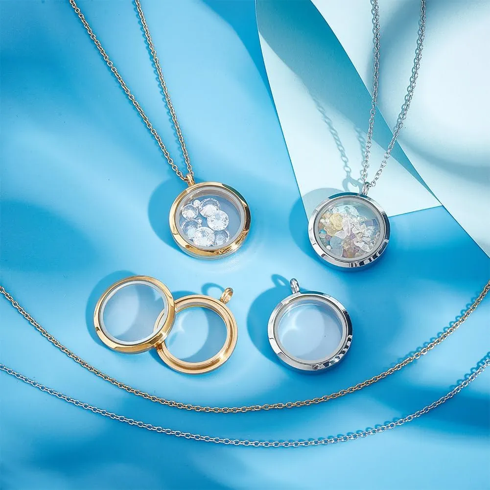 4pcs Photo Locket Charms Necklace Round Stainless Steel Locket Pendants Crystal Double-Sided Picture Frame Memory Locket Charm with 17.7inch Chain for Wedding Jewellery Making Photo