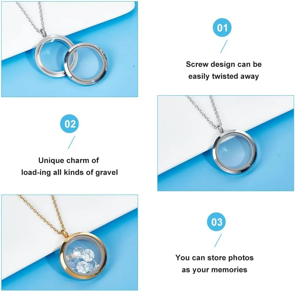 4pcs Photo Locket Charms Necklace Round Stainless Steel Locket Pendants Crystal Double-Sided Picture Frame Memory Locket Charm with 17.7inch Chain for Wedding Jewellery Making Photo