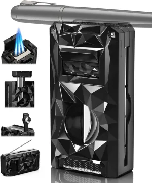 5-in-1 Windproof Lighter with V Cutter, Punch, Draw Enhancer Tool, Holder, Triple Jet Flames, Butane Torch Lighter, Versatile Accessories for Travel, Candle, Lighter Gifts for Men (Without Butane)