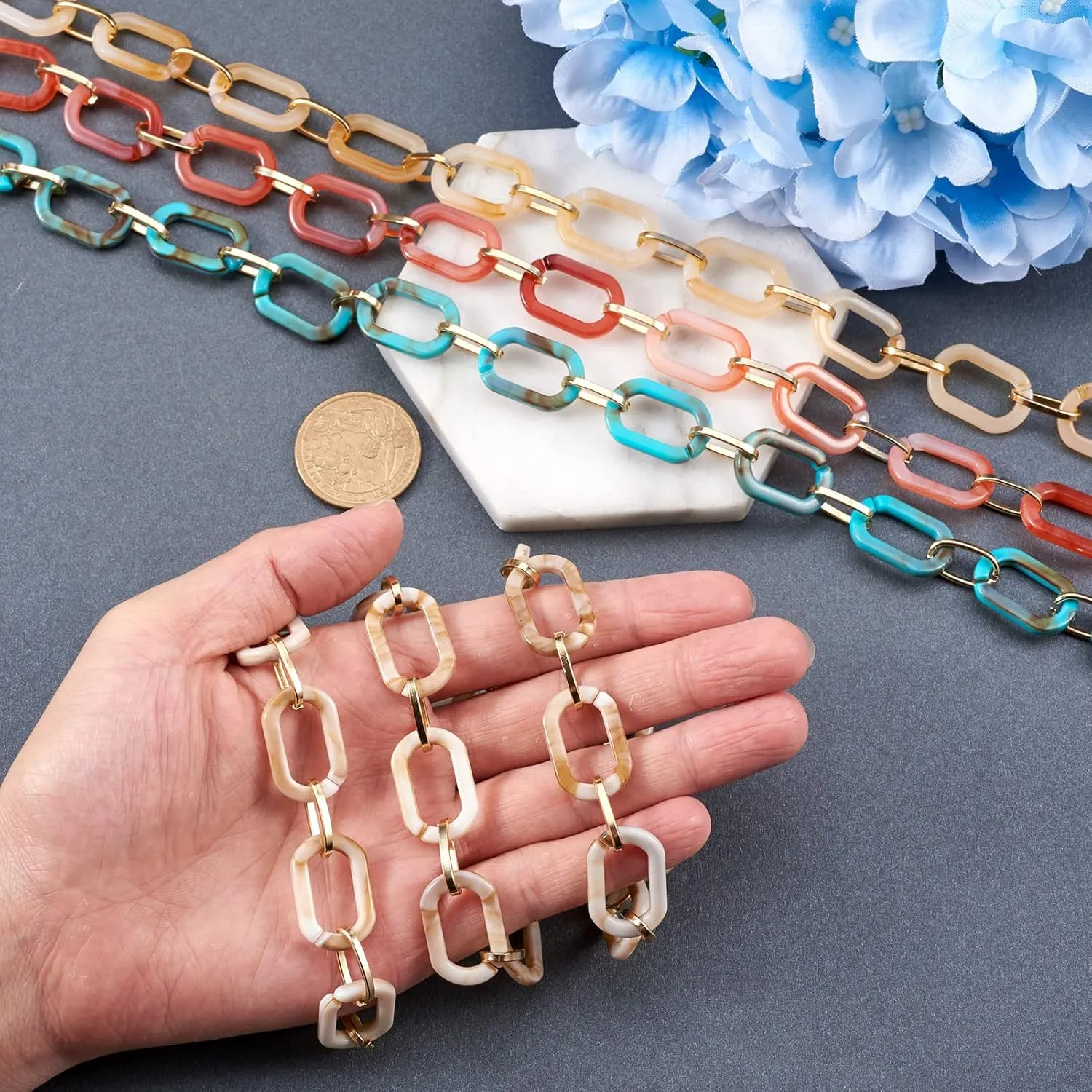 5 Strands Handmade Acrylic Cable Chain Flat Oval Paperclip Chain with Golden Aluminium Link for Handbag Purse Strap Lanyard Chunky Bracelet Necklace, 39.37"/Strand, Random Mixed Color