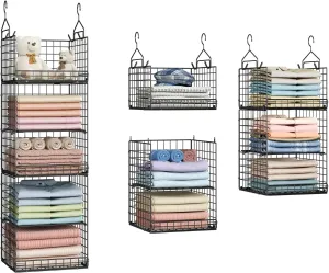 5 Tier Closet Hanging Organizer and Storage Separable Hanging Closet Shelves with 4 Hanging Hooks 2 Adjustable Dividers, Wire Storage Basket Bins for Clothing Sweaters Socks Dolls Handbags, Foldable