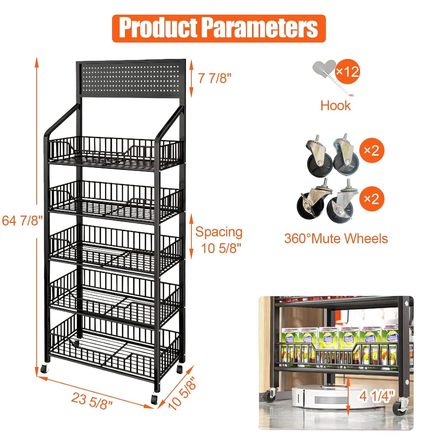 5 Tier Supermaket Snack Rack Display Stand, Free-Standing Black Retail Display Shelves with 12 Hooks & 4 Wheels, Large Metal Snack Shelf for Store Business