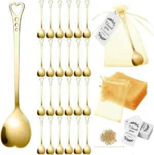 50 Sets Heart Shaped Spoons 5.7 Inch Coffee Dessert Tea Spoon Stainless Steel with Organza Bag and Thank you tags Set for Wedding Tea Party Party Favor(Gold)