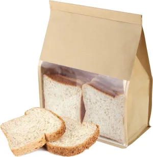 50Pack Large Paper Bakery Bags with Window, 11.4"x8.7"x4.3" for Homemade Bread, Tin Tie Tab Lock Brown Window Bags for Cookies, Coffee, Treats