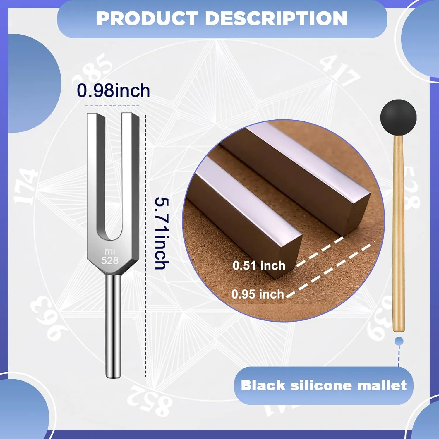 528 Hz Tuning Fork for Healing, DNA Repair, Reliever Stress and Perfect Musical Instrument, Frequency of Love, Silver, with Black Rubber Mallet, Triangular Silicone and Velvet Storage Bag