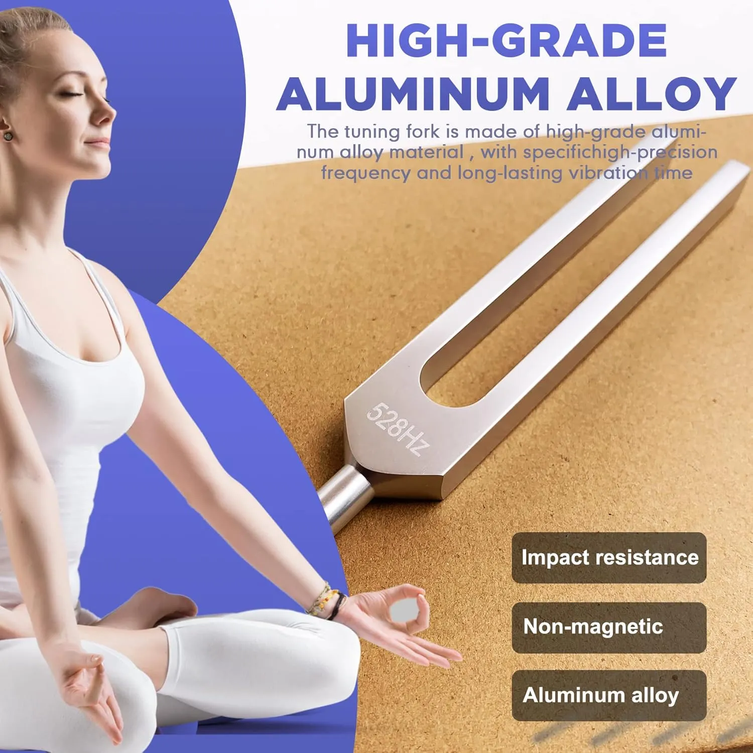 528 Hz Tuning Fork for Healing, DNA Repair, Reliever Stress and Perfect Musical Instrument, Frequency of Love, Silver, with Black Rubber Mallet, Triangular Silicone and Velvet Storage Bag