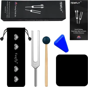 528 Hz Tuning Fork for Healing, DNA Repair, Reliever Stress and Perfect Musical Instrument, Frequency of Love, Silver, with Black Rubber Mallet, Triangular Silicone and Velvet Storage Bag