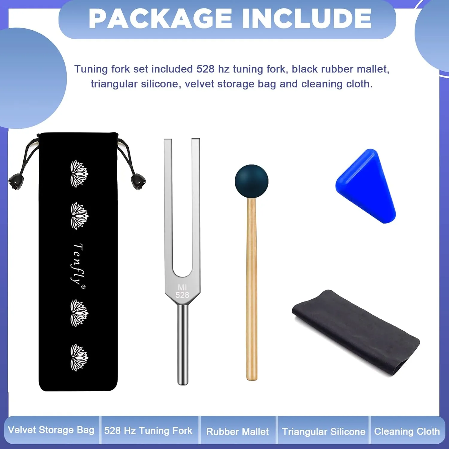 528 Hz Tuning Fork for Healing, DNA Repair, Reliever Stress and Perfect Musical Instrument, Frequency of Love, Silver, with Black Rubber Mallet, Triangular Silicone and Velvet Storage Bag