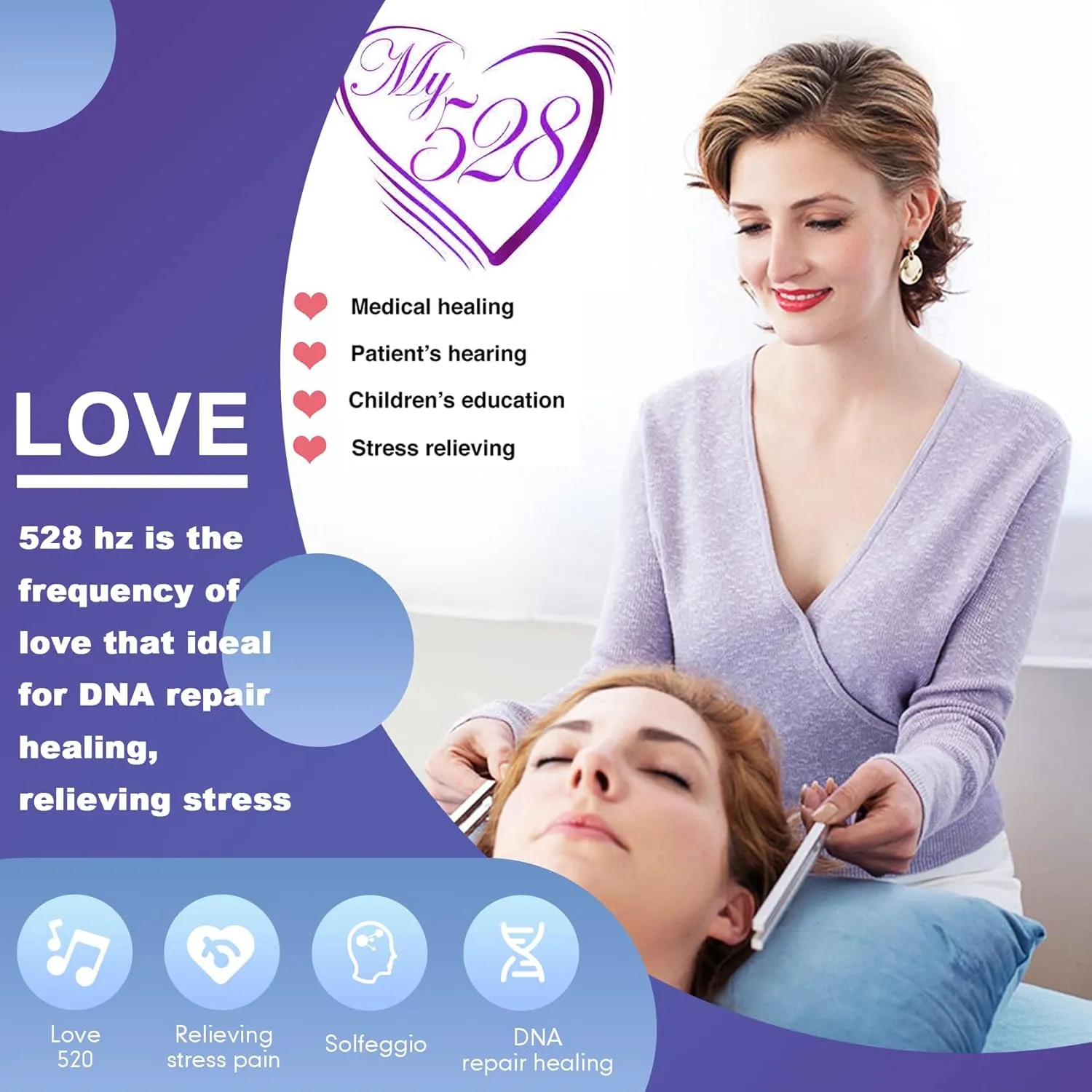 528 Hz Tuning Fork for Healing, DNA Repair, Reliever Stress and Perfect Musical Instrument, Frequency of Love, Silver, with Black Rubber Mallet, Triangular Silicone and Velvet Storage Bag