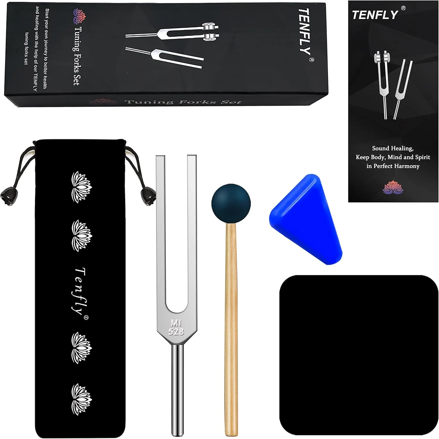 528 Hz Tuning Fork for Healing, DNA Repair, Reliever Stress and Perfect Musical Instrument, Frequency of Love, Silver, with Black Rubber Mallet, Triangular Silicone and Velvet Storage Bag