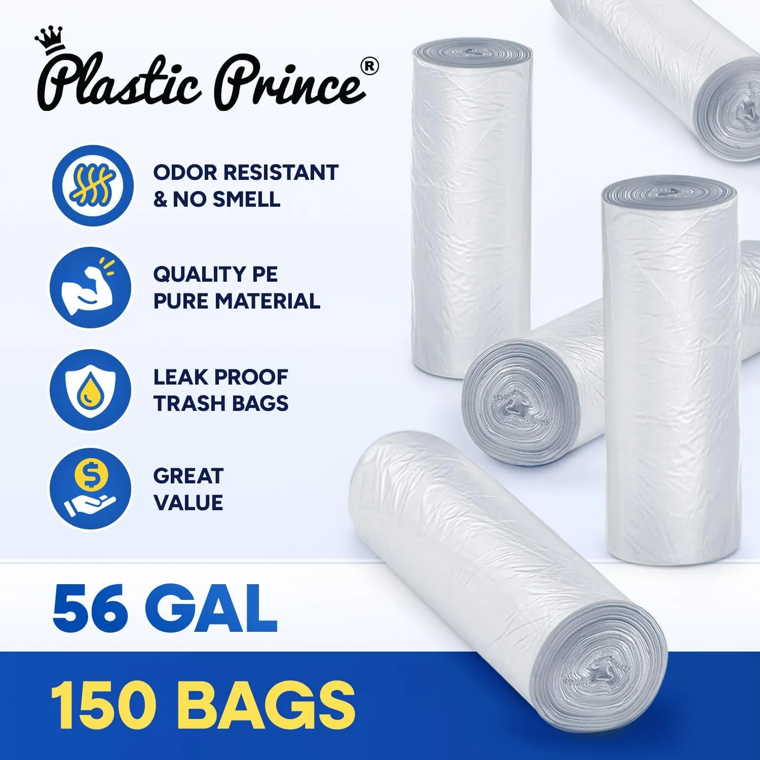 56 Gallon Trash Bags, Clear Trash Bags 43"W × 47"L, 16 Micron Clear Garbage Bags, 56 Gal High-Density Garbage Can Liners, Fits Square and Round Trash Cans, Pack of 150
