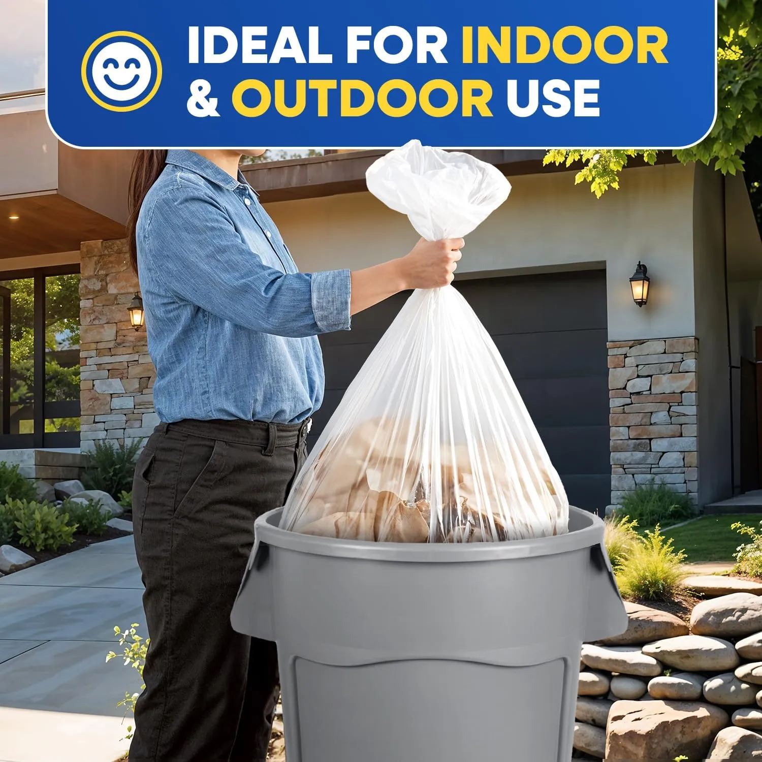 56 Gallon Trash Bags, Clear Trash Bags 43"W × 47"L, 16 Micron Clear Garbage Bags, 56 Gal High-Density Garbage Can Liners, Fits Square and Round Trash Cans, Pack of 150