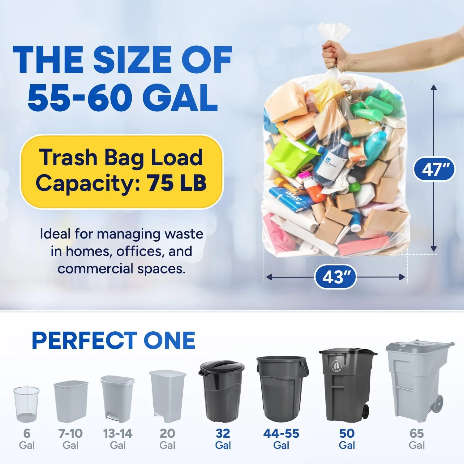 56 Gallon Trash Bags, Clear Trash Bags 43"W × 47"L, 16 Micron Clear Garbage Bags, 56 Gal High-Density Garbage Can Liners, Fits Square and Round Trash Cans, Pack of 150