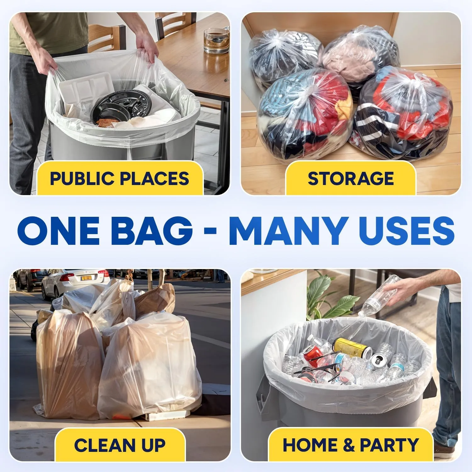 56 Gallon Trash Bags, Clear Trash Bags 43"W × 47"L, 16 Micron Clear Garbage Bags, 56 Gal High-Density Garbage Can Liners, Fits Square and Round Trash Cans, Pack of 150