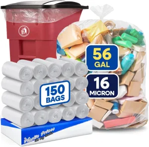 56 Gallon Trash Bags, Clear Trash Bags 43"W × 47"L, 16 Micron Clear Garbage Bags, 56 Gal High-Density Garbage Can Liners, Fits Square and Round Trash Cans, Pack of 150