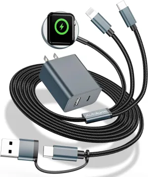 5FT Travel Essentials for Apple Watch Charger 3 in 2 Multi Fast Charging Cable USB C/A PD20W Charger Block Compatible with iWatch Ultra/SE/10/9/8/7/6/5/4/3/2/1,iPhone16/15/14/13/Galaxy S24
