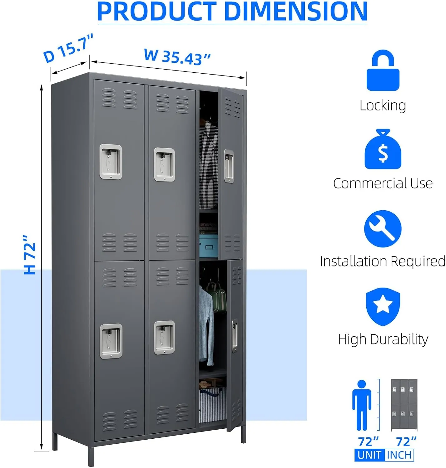 6 Doors Metal Lockers for Employees with Lock, Metal Locker with 18 Hooks for School Garage Office Gym Home,Assembly Required,Dark Grey