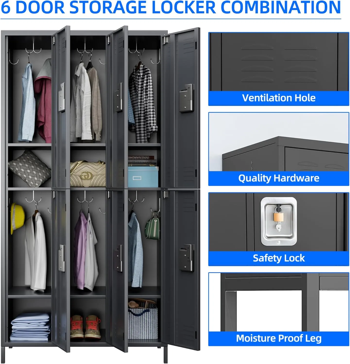 6 Doors Metal Lockers for Employees with Lock, Metal Locker with 18 Hooks for School Garage Office Gym Home,Assembly Required,Dark Grey
