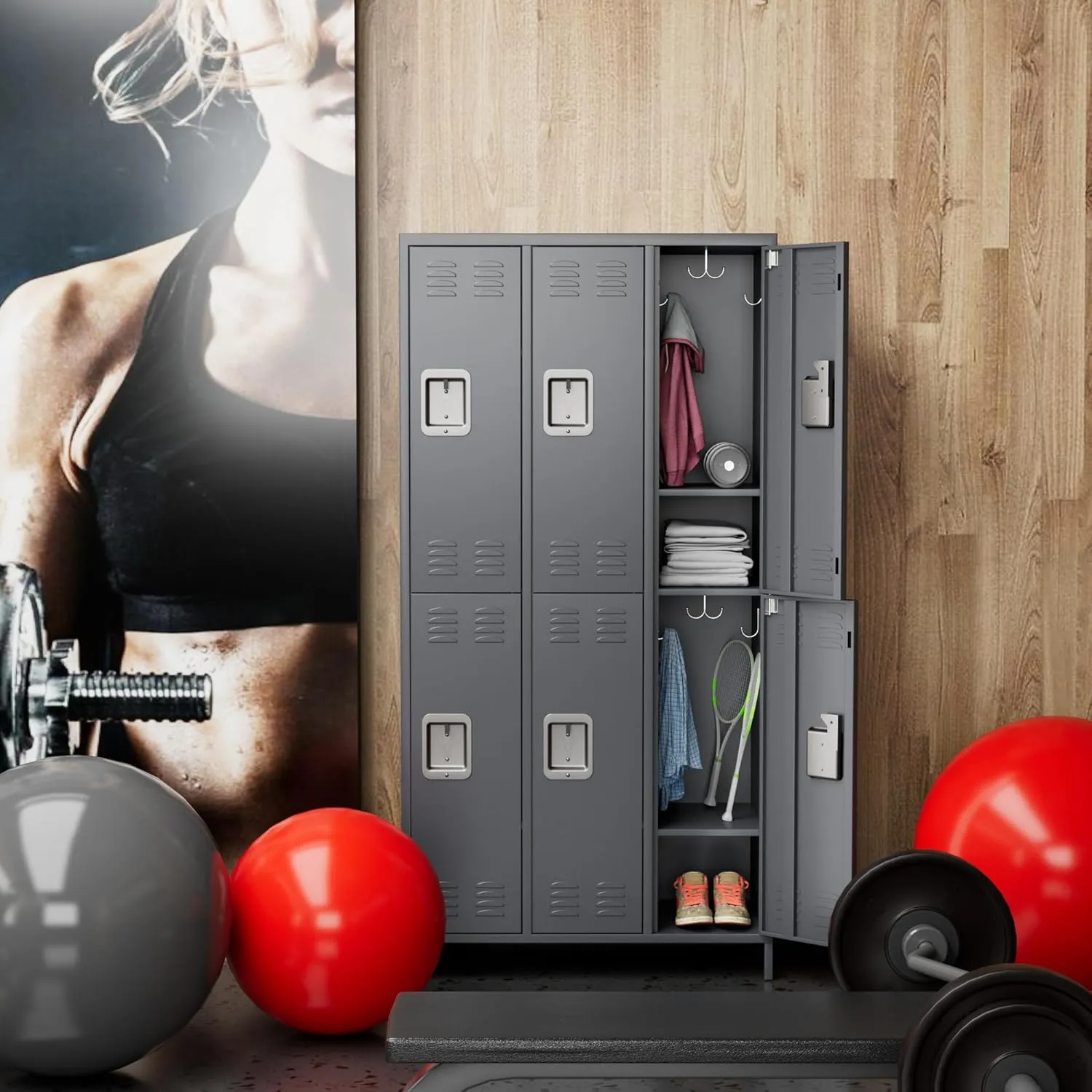 6 Doors Metal Lockers for Employees with Lock, Metal Locker with 18 Hooks for School Garage Office Gym Home,Assembly Required,Dark Grey