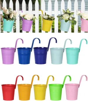 6 Inch Metal Railing Planter for Outdoor Plants - 10 Pack Balcony Hanging Planter Box with Detachable Hooks and Drain Holes Oval Hanging Pots Small Fence Planters for Railing Garden Fence