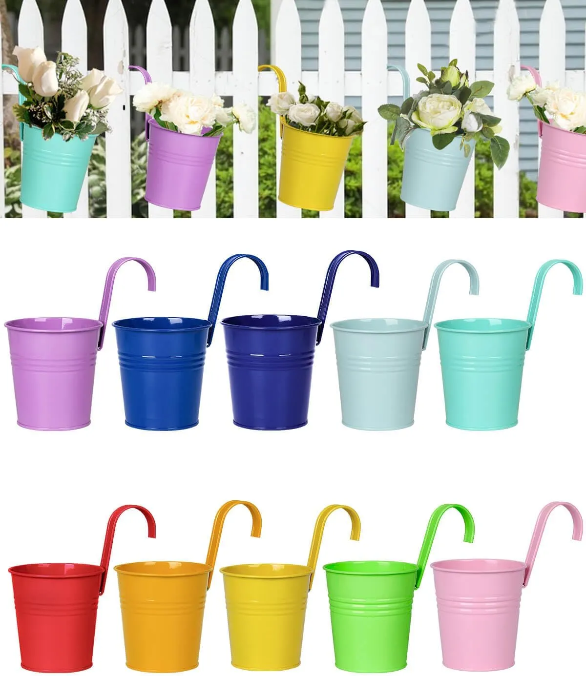 6 Inch Metal Railing Planter for Outdoor Plants - 10 Pack Balcony Hanging Planter Box with Detachable Hooks and Drain Holes Oval Hanging Pots Small Fence Planters for Railing Garden Fence