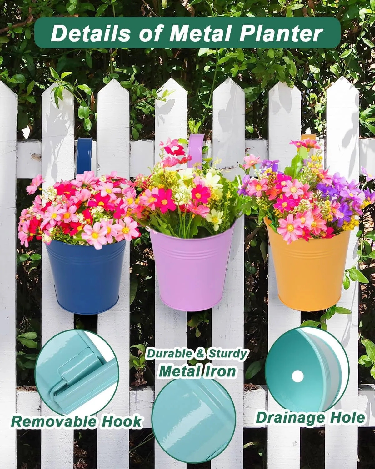 6 Inch Metal Railing Planter for Outdoor Plants - 10 Pack Balcony Hanging Planter Box with Detachable Hooks and Drain Holes Oval Hanging Pots Small Fence Planters for Railing Garden Fence