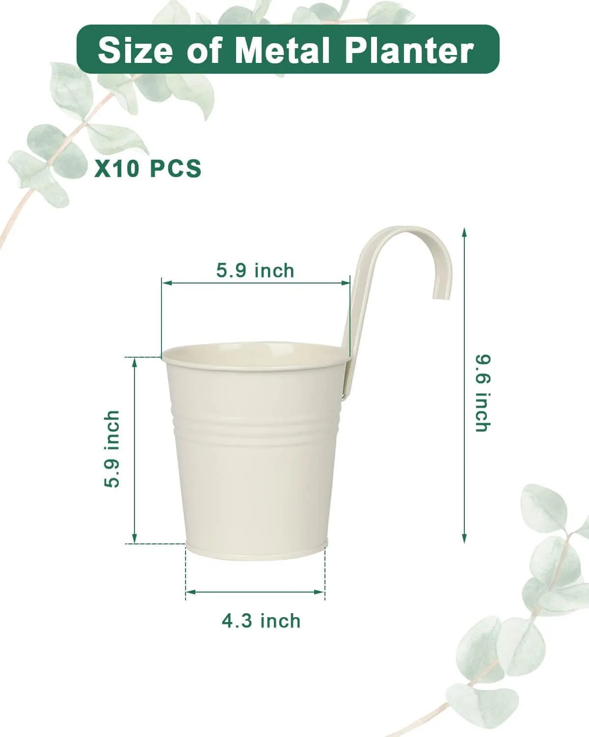 6 Inch Metal Railing Planter for Outdoor Plants - 10 Pack Balcony Hanging Planter Box with Detachable Hooks and Drain Holes Oval Hanging Pots Small Fence Planters for Railing Garden Fence