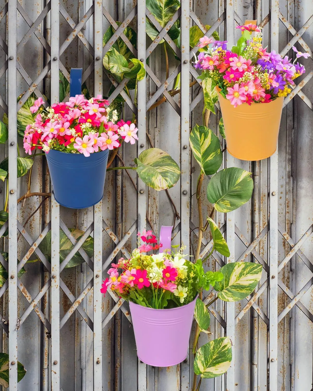6 Inch Metal Railing Planter for Outdoor Plants - 10 Pack Balcony Hanging Planter Box with Detachable Hooks and Drain Holes Oval Hanging Pots Small Fence Planters for Railing Garden Fence