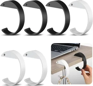6 Pcs Non-Slip C-Shaped Tabletop Bag Hook Space-Saving Metal Purse Hanger for Women & Men, Black/White Compact Design