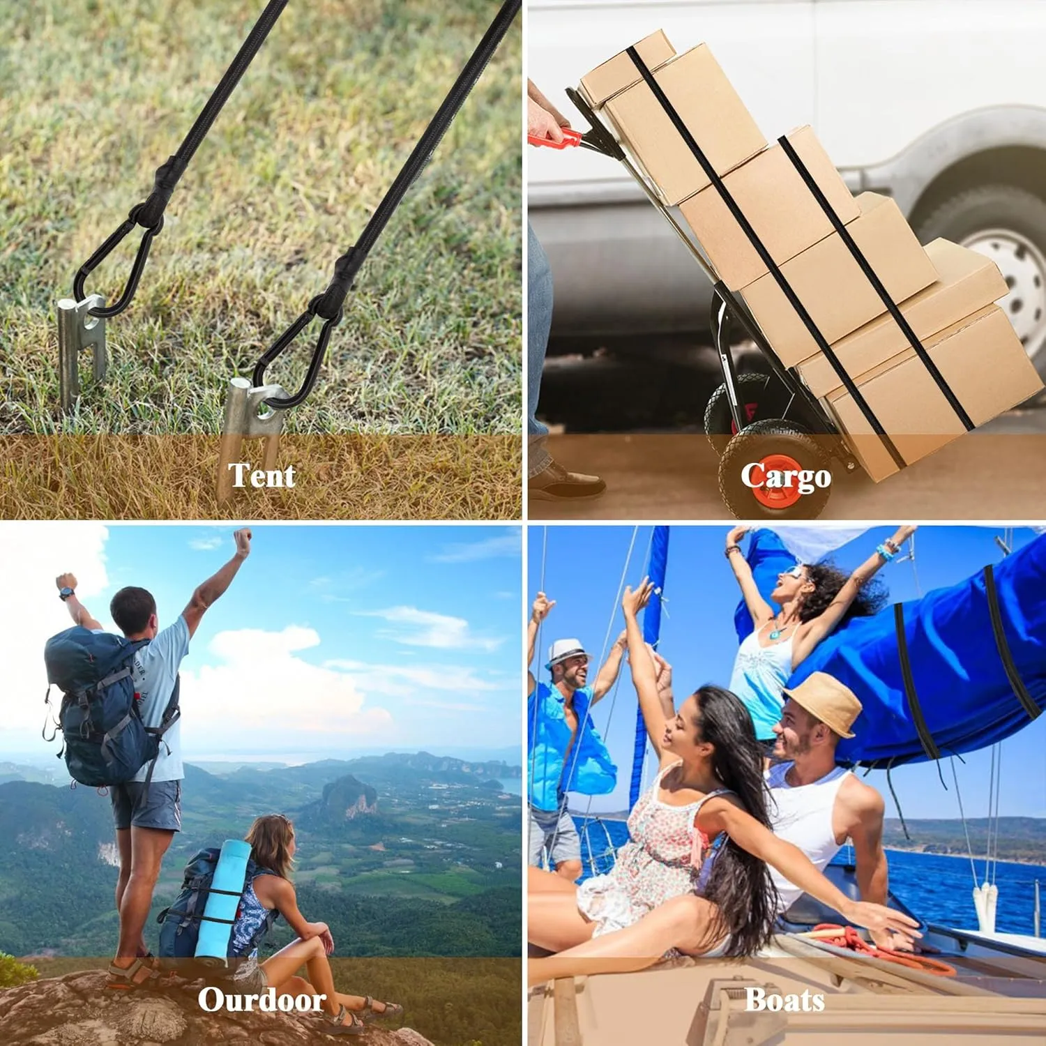 6 Piece Bungee Cords with Hooks - Heavy Duty Outdoor Bungee Cord Includes 12", 24", 32", Extra Strong Carabiner Bungee Cord with Metal Hook for Camping, Tarps, Bike Rack, Tent, Car