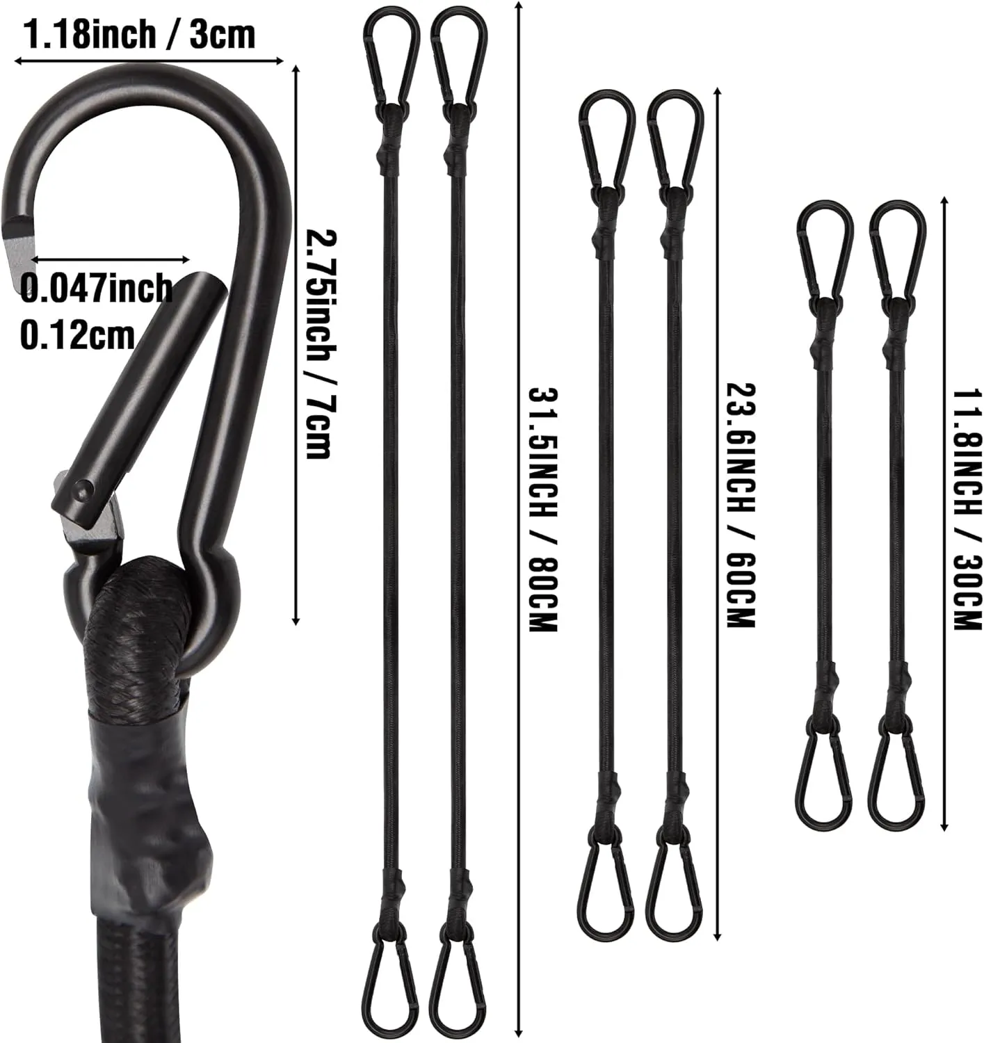 6 Piece Bungee Cords with Hooks - Heavy Duty Outdoor Bungee Cord Includes 12", 24", 32", Extra Strong Carabiner Bungee Cord with Metal Hook for Camping, Tarps, Bike Rack, Tent, Car