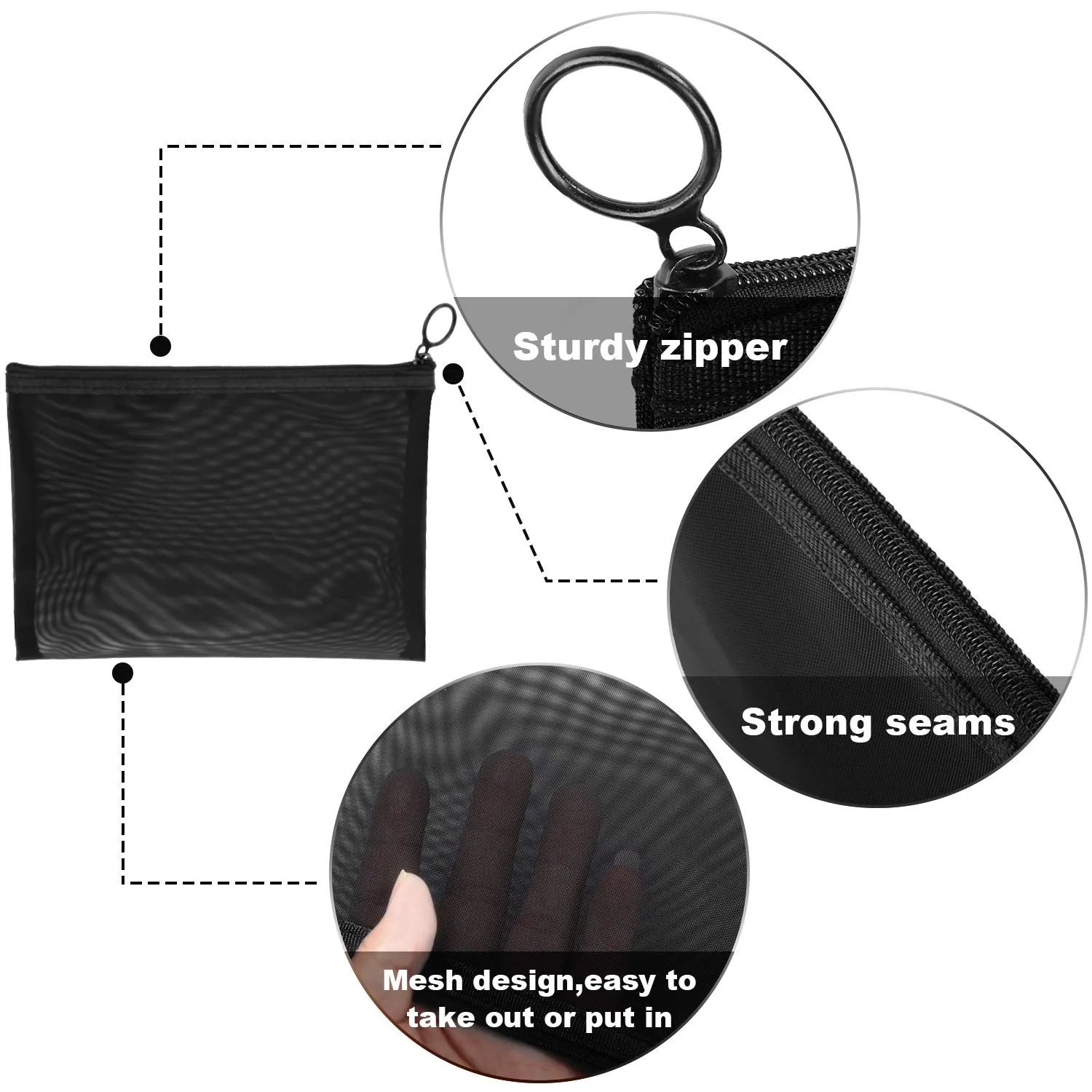 6 Pieces Mesh Makeup Bags Mesh Cosmetic Bag Portable Travel Organizing Zipper Pouch Toiletries Makeup Pouches for Home Office Travel Accessories (Black)