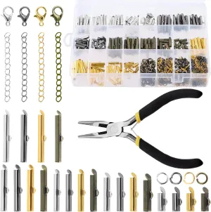 641Pcs 5 Sizes Slider On End Clasps Kit with Pliers/Lobster Claw Clasps/Twist Extender Chains/Open Jump Rings, Slide Tube End Bar for Jewelry Making (2/5" 3/5" 4/5" 1" 6/5")