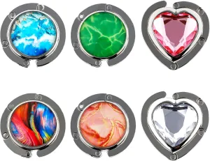 6Pcs Foldable Bag Hook for Table, Portable Folding Handbag Hangers, Round Heart Marble Diamond Purse Hanger, Gift Present for Woman Girl Hanging Bag on The Office Restaurant Desk