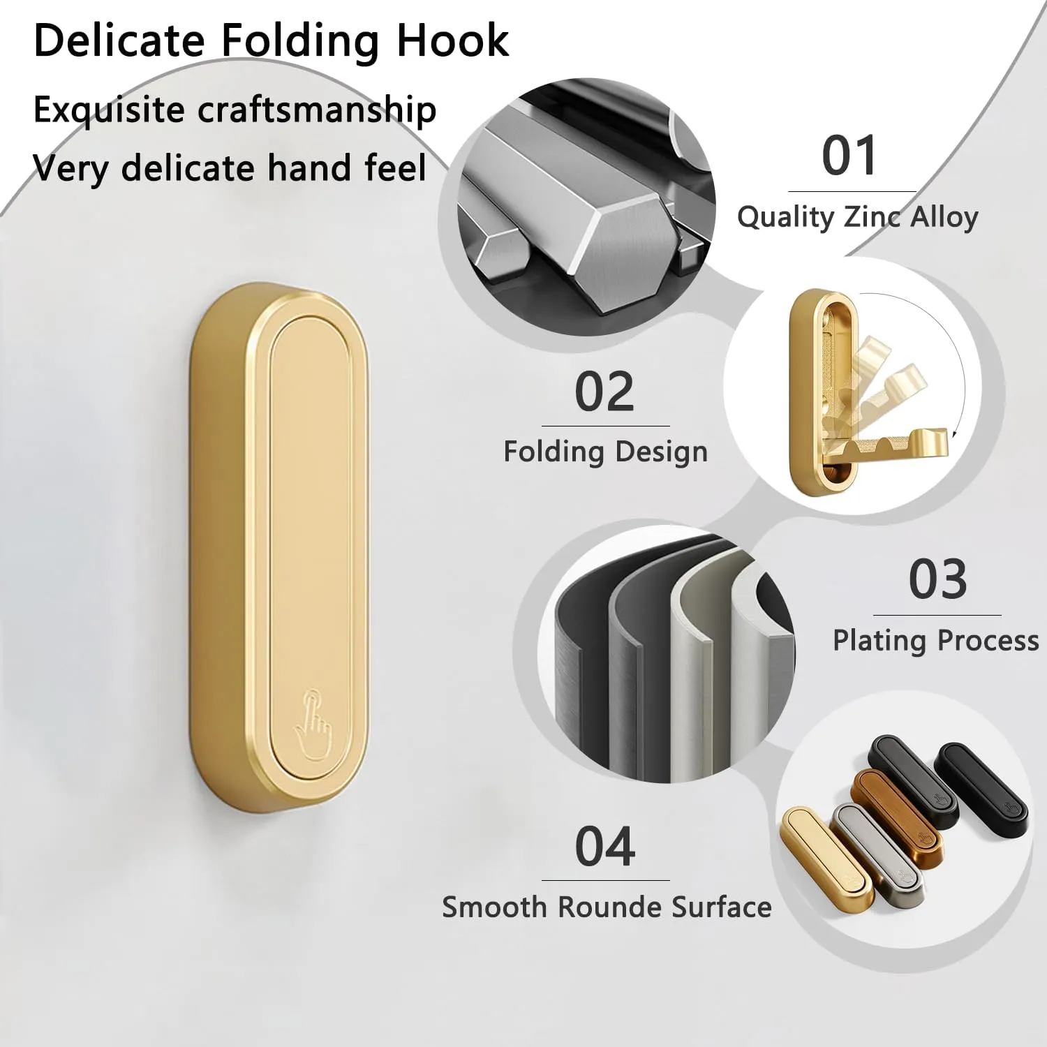 6PCS Foldable Invisible Hook Zinc Alloy Bathroom Wall Hook Retractable for Closet Scarf Hat Robe Key Purse Bag Folding Hooks Minimalist Style (Gold)