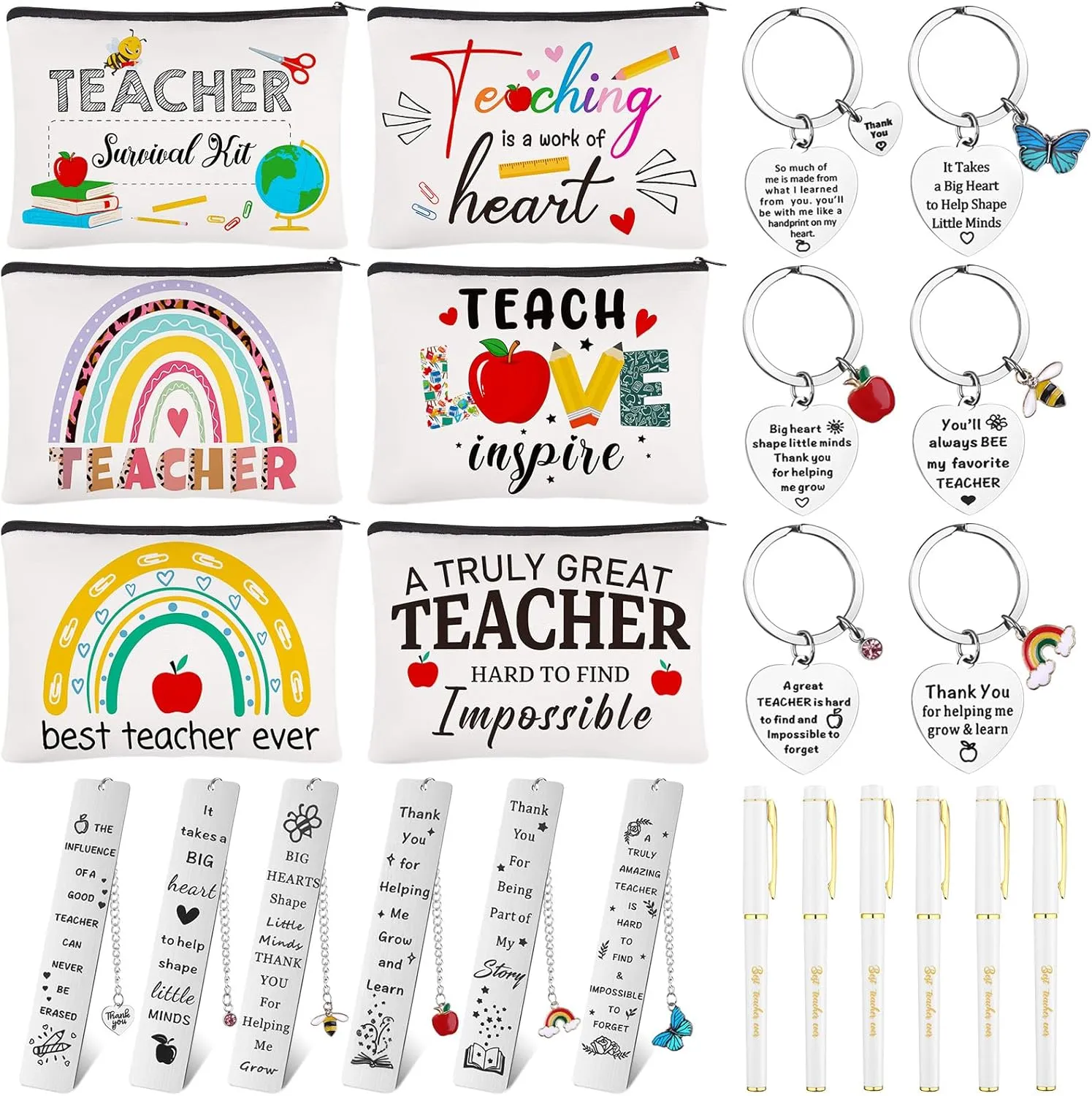 6Sets Teacher Appreciation Gift Teacher Multifunctional Makeup Bag Teachers Canvas Pencil Bag With Teacher's Day Keychain, Bookmarks Thank You Gift for Organizing Accessories
