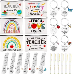 6Sets Teacher Appreciation Gift Teacher Multifunctional Makeup Bag Teachers Canvas Pencil Bag With Teacher's Day Keychain, Bookmarks Thank You Gift for Organizing Accessories