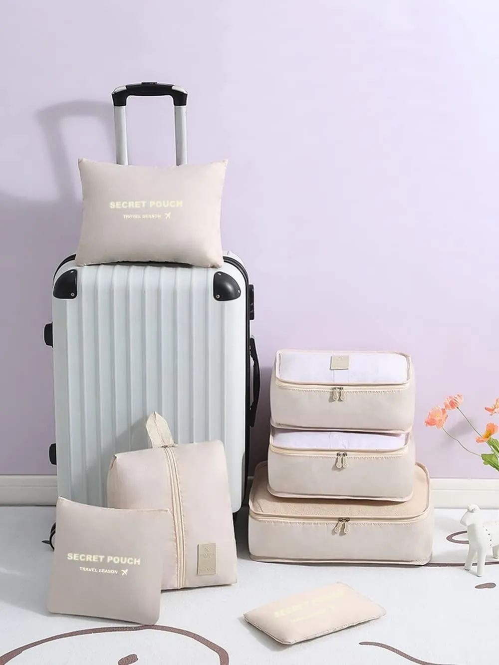7 Set Packing Cubes, Packing Organizers Travel Foldable Luggage Organizers Storage Bag Accessories for Suitcase with Laundry Bag & Shoe Bag, Beige