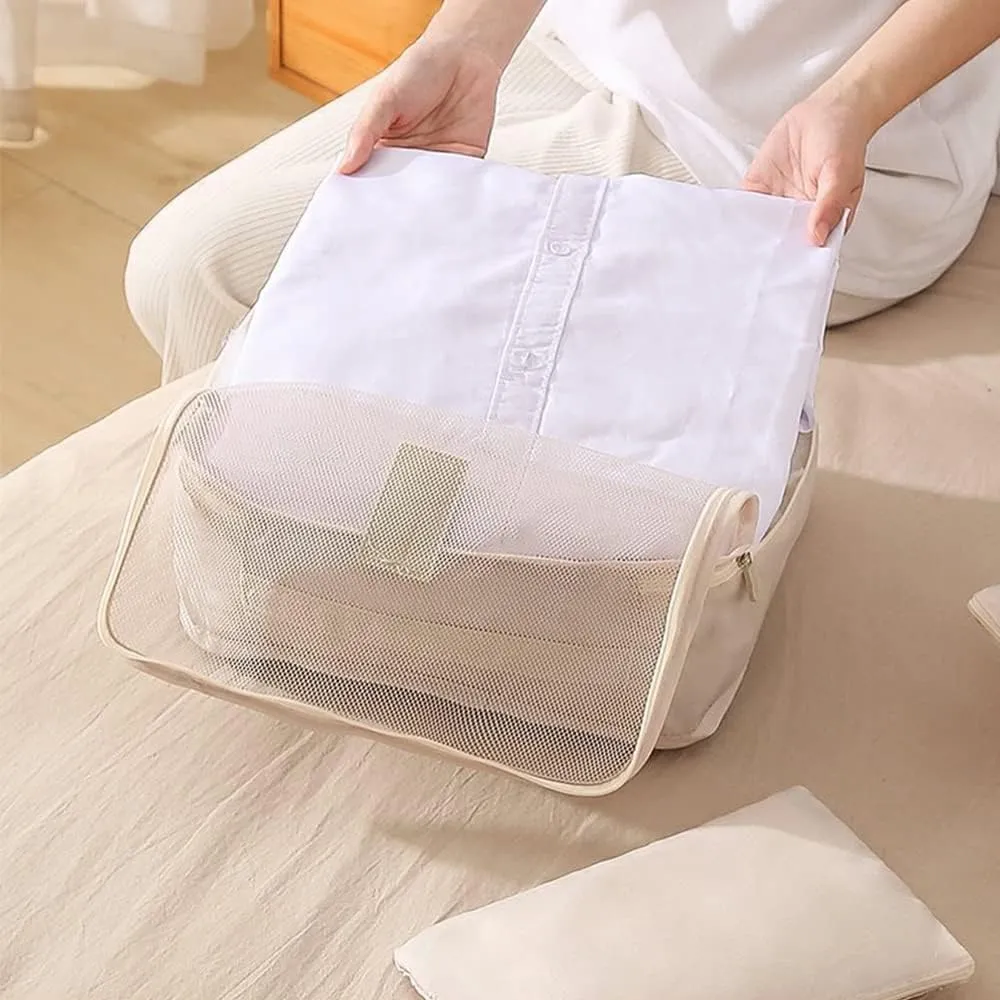 7 Set Packing Cubes, Packing Organizers Travel Foldable Luggage Organizers Storage Bag Accessories for Suitcase with Laundry Bag & Shoe Bag, Beige