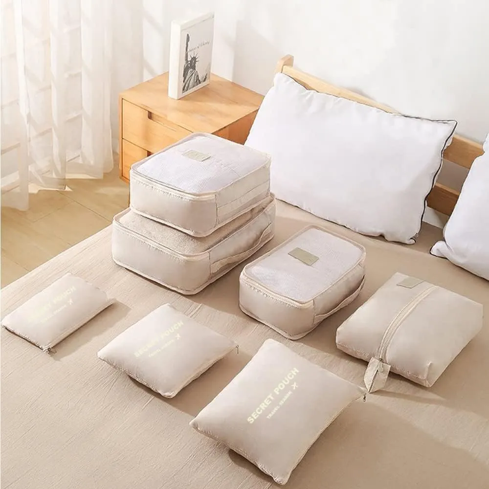 7 Set Packing Cubes, Packing Organizers Travel Foldable Luggage Organizers Storage Bag Accessories for Suitcase with Laundry Bag & Shoe Bag, Beige